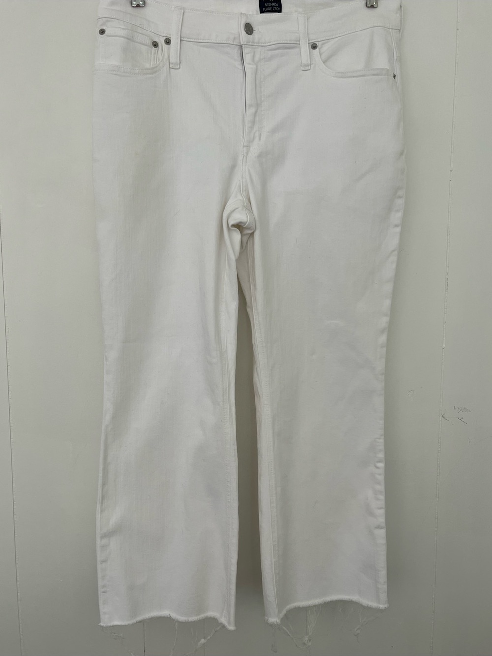 J. Crew Mid-Rise Flare Crop White Denim Jeans with Raw Hem Size 33